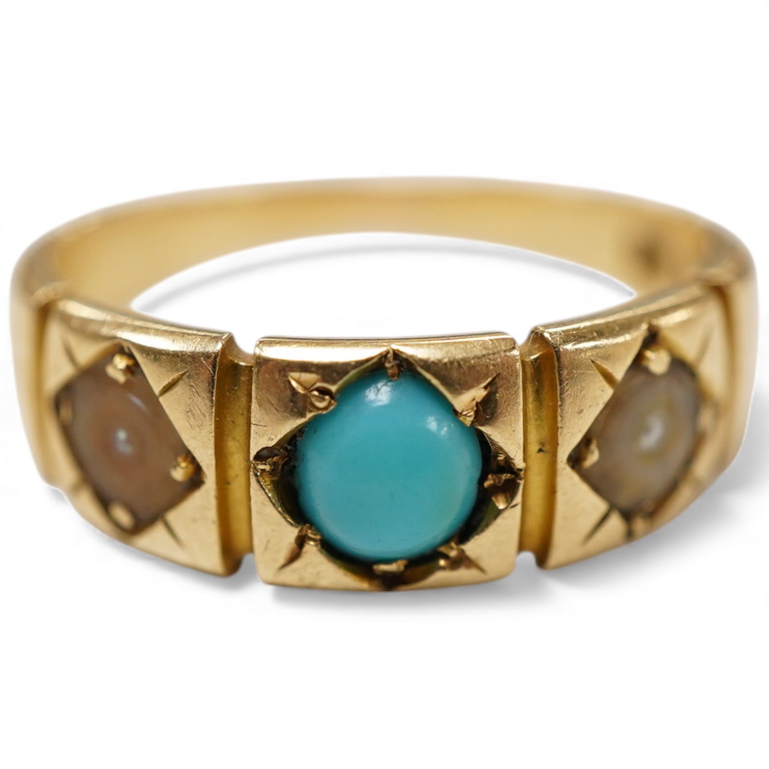 A turquoise and pearl ring, late 19th century, mounted in gold, size N, maker's mark, stamped 18, gross weight approximately 4 grams, pearls untested